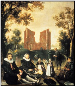 Vermoedelijk katholieke familie op bedevaart in Heiloo. Schilderij door Gerrit de Jongh, De Capel van Ons Lieve Vrouwe te Runcxputte te Heyloe in Oesdom, 1630